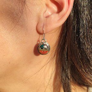 Zuni Sun Face Inlay Turquoise & Spiny Oyster Dangle Earrings NA Handmade Jewelry
